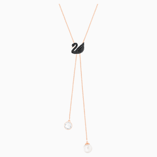 Swarovski Iconic Swan Y Necklace, Black, Rose-gold tone plated