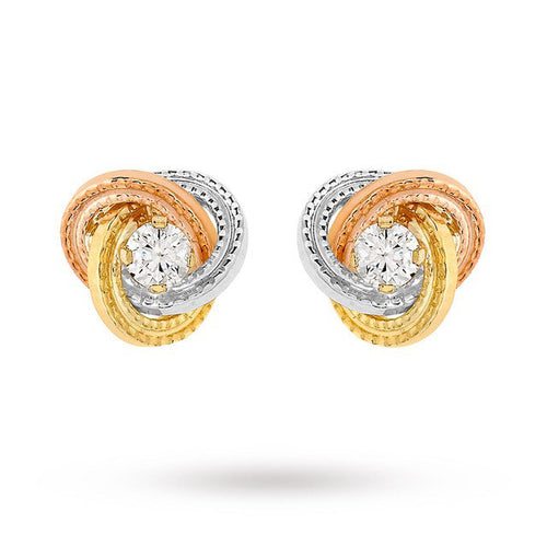 9 Carat 3 Colour Gold 8mm Knot and Cubic Zirconia Stud Earrings