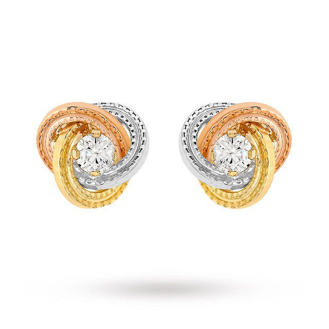 9 Carat 3 Colour Gold 8mm Knot and Cubic Zirconia Stud Earrings