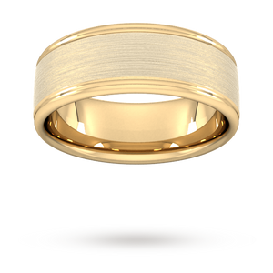 8mm D Shape Heavy matt centre with grooves Wedding Ring in 18 Carat Yellow Gold