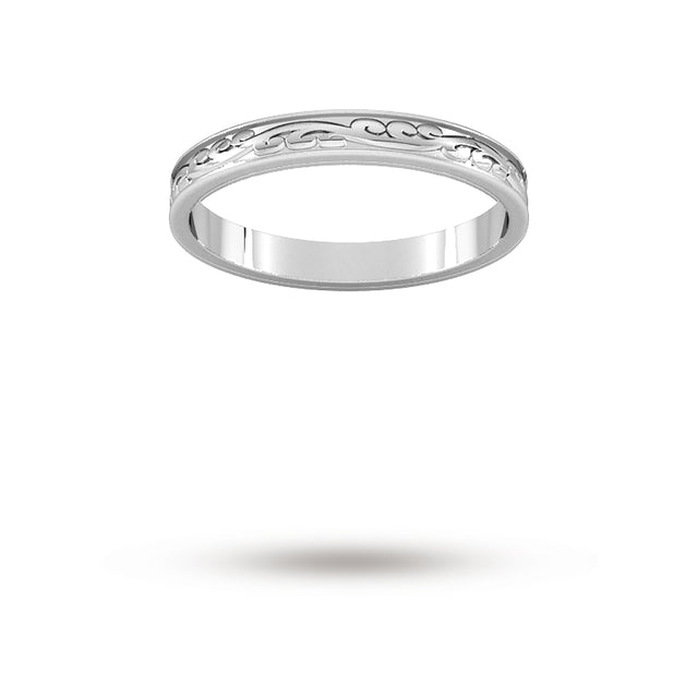 2.5mm Hand Engraved Wedding Ring in 9 Carat White Gold