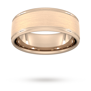 8mm Flat Court Heavy Matt Centre With Grooves Wedding Ring In 18 Carat Rose Gold