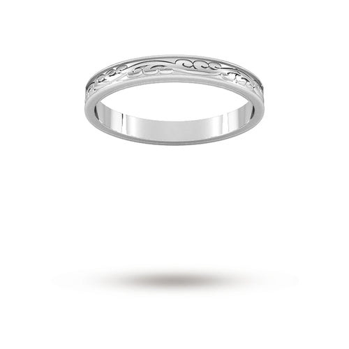 2.5mm Hand Engraved Wedding Ring in 9 Carat White Gold