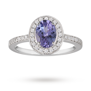 Oval tanzanite and diamond ring in 9 carat white gold - Ring Size P