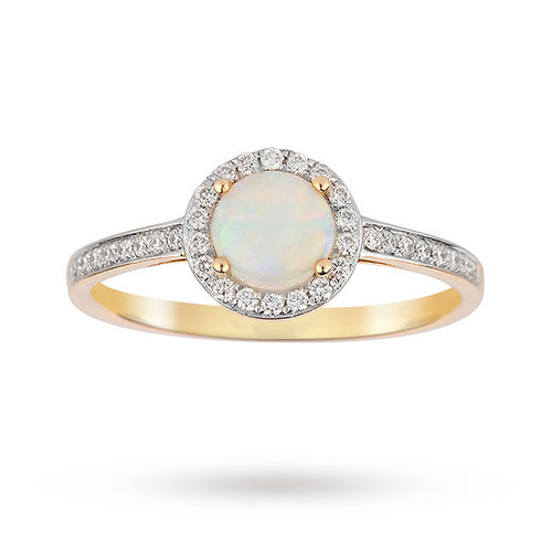 9ct Yellow Gold 5.5mm Opal and Diamond 0.15ct Halo Ring