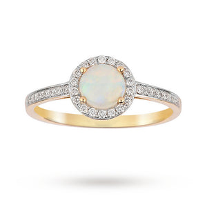 9ct Yellow Gold 5.5mm Opal and Diamond 0.15ct Halo Ring